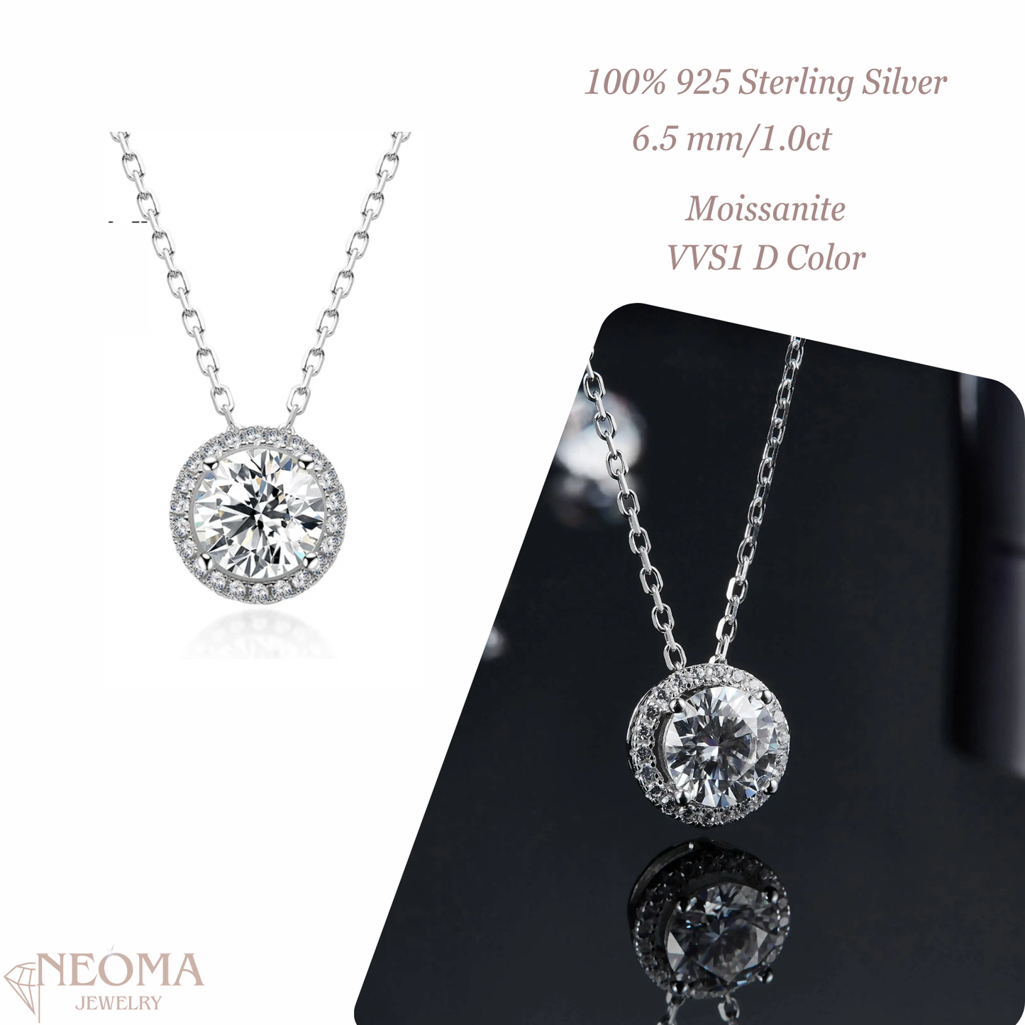  1 carat Moissanite Solitaire Necklace - S925 Silver Halo Pendant SETUxNEOMA