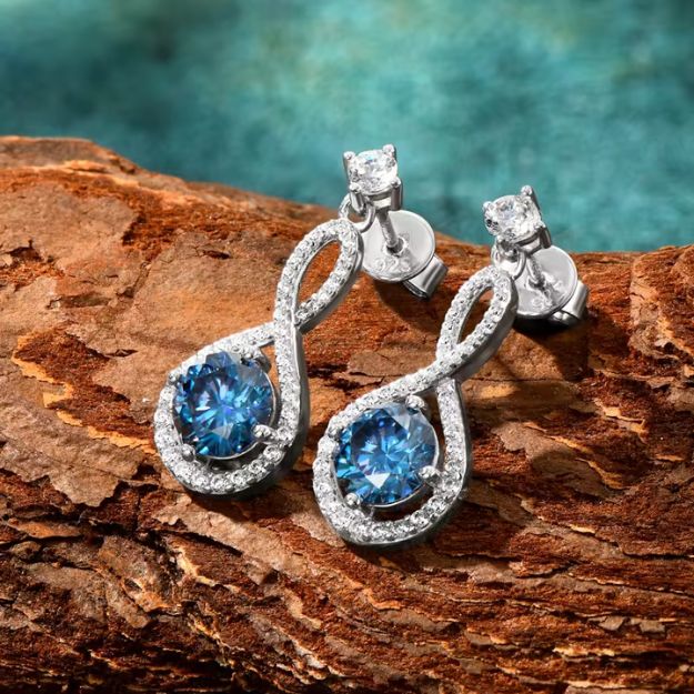 Blue Moissanite Drop Dangle Stud Earrings - Infinity Design - SETUxNEOMA  