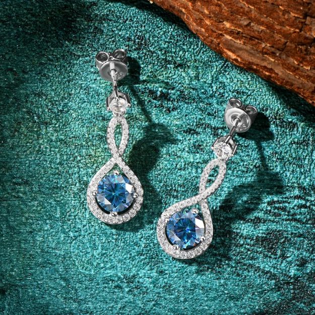 Blue Moissanite Drop Dangle Stud Earrings - Infinity Design - SETUxNEOMA  