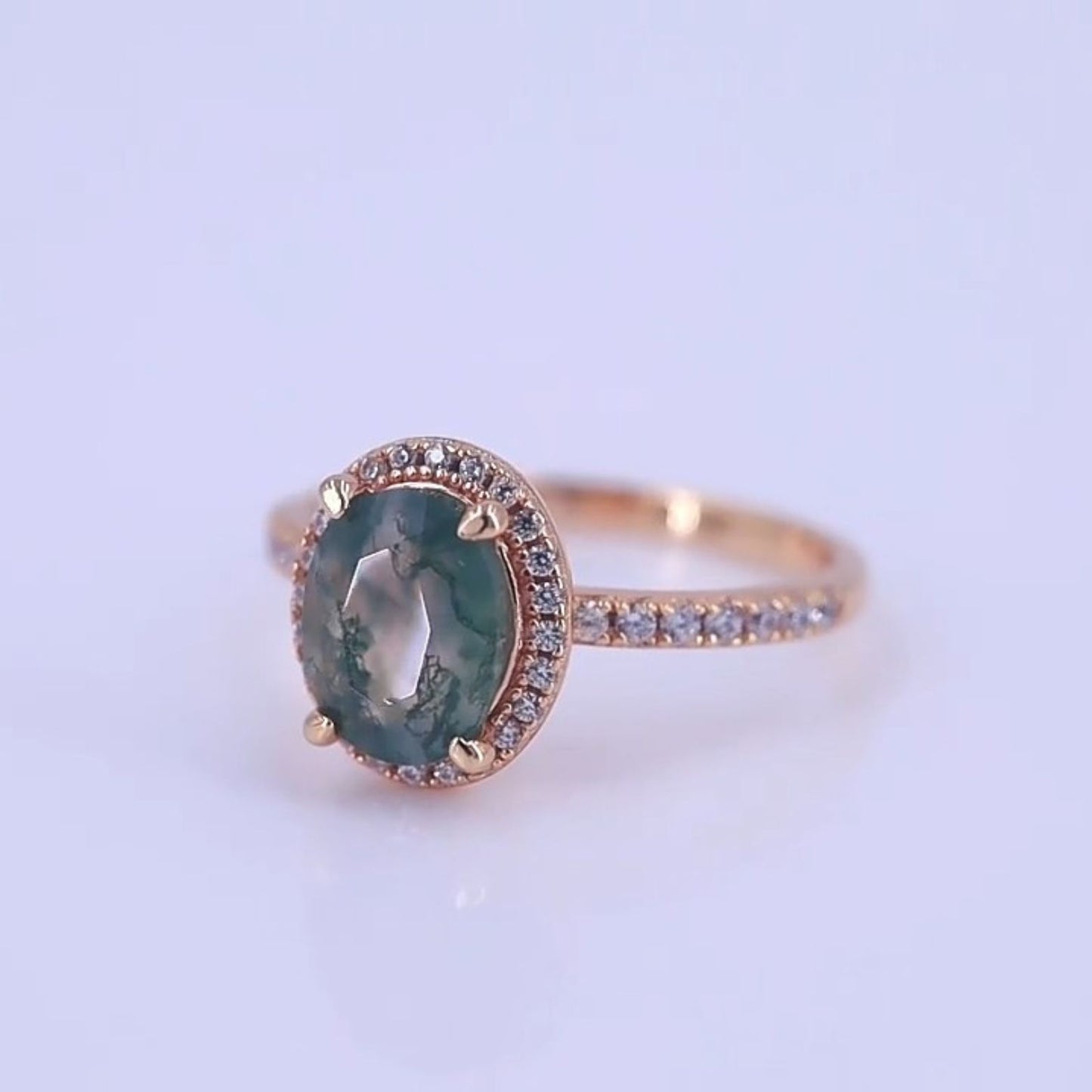 Oval Green Moss Agate Halo Engagement Ring | Unique Gemstone Jewelry