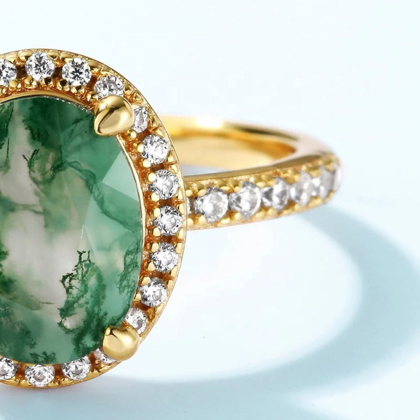 Oval Green Moss Agate Halo Engagement Ring | Unique Gemstone Jewelry