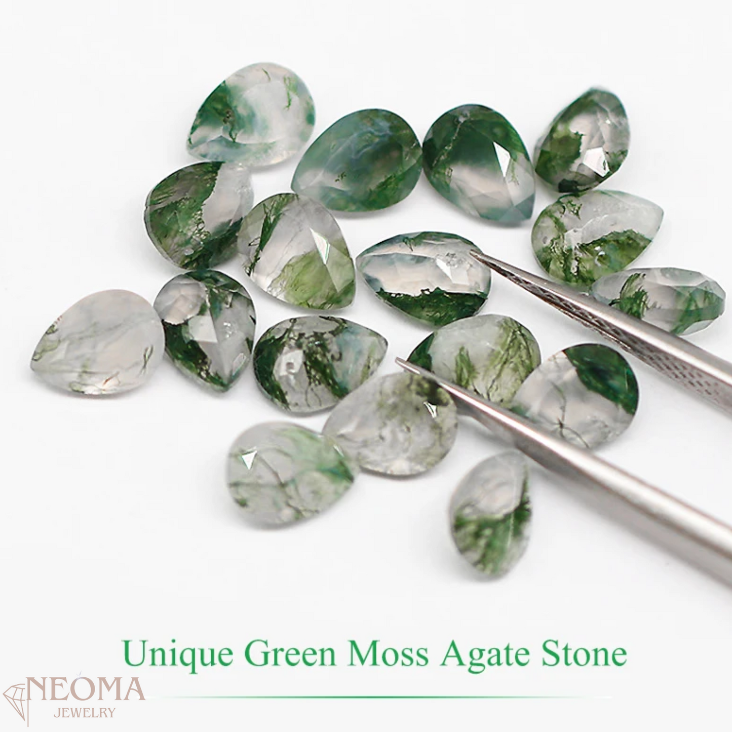 Elegant Green Moss Agate Rings Set | Pear Cut Ring