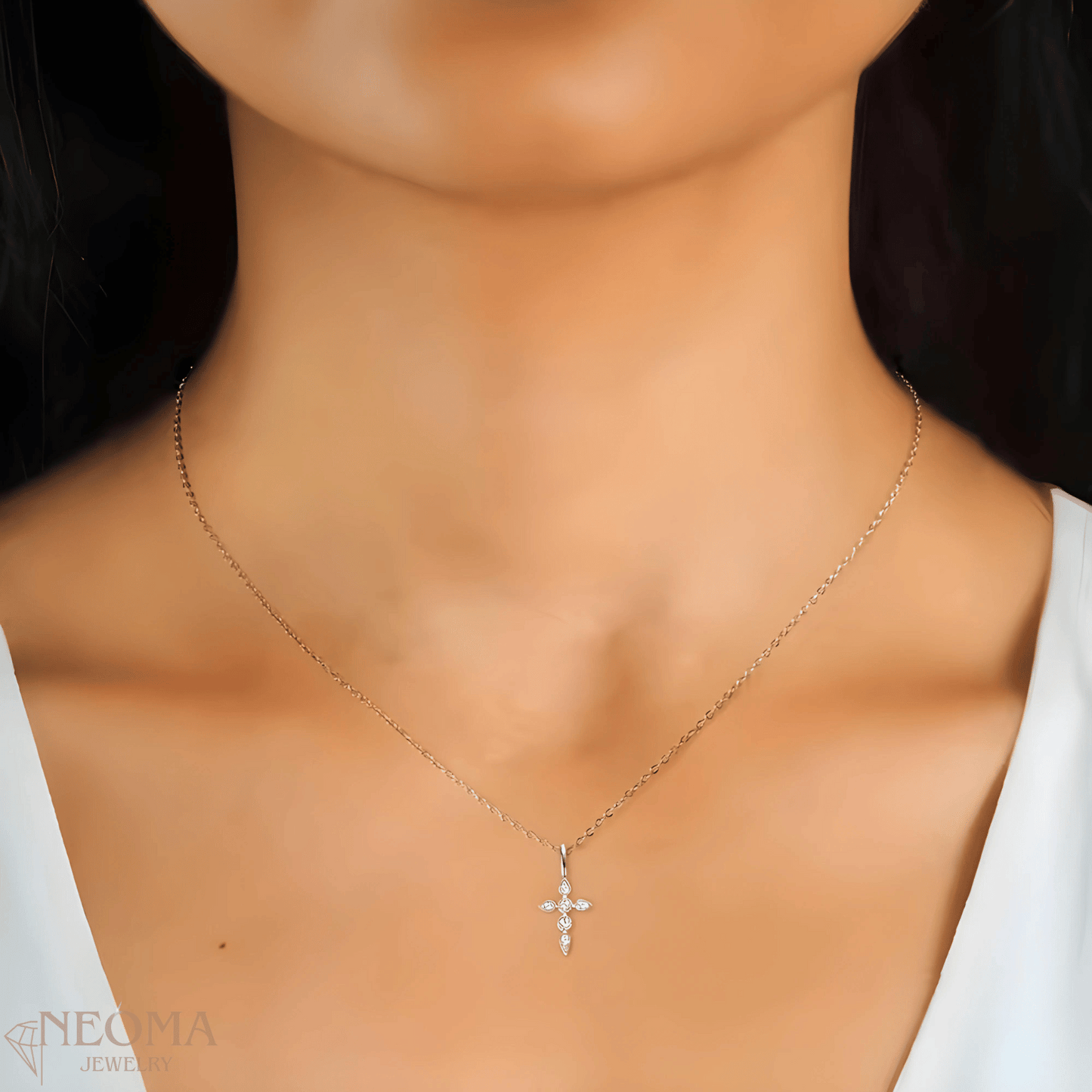 Round Cut Moissanite Tiny Cross Pendant Necklace