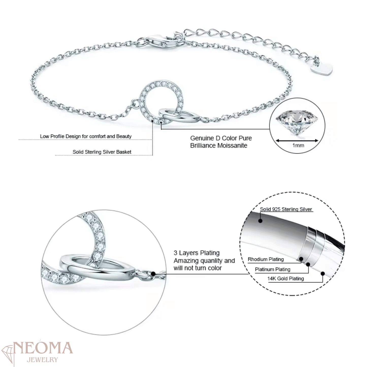 Moissanite Eternity Chain Adjustable Bracelet, Connection Bracelet - SETUxNEOMA  