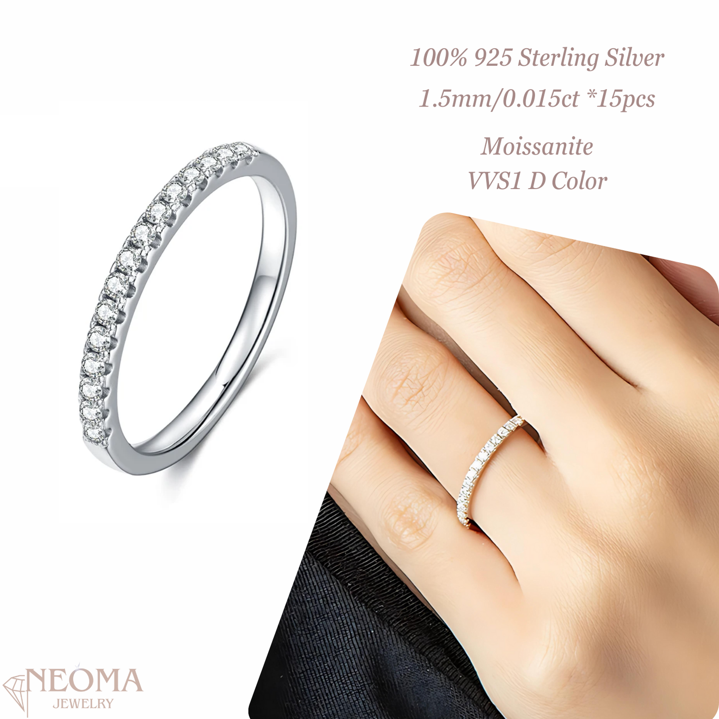  Sterling Silver Half Eternity Band 1.5mm*15pcs Moissanite Thin Ring SETUxNEOMA