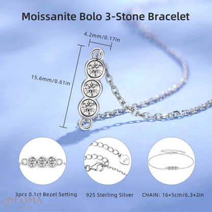 Bracelet Moissanite à trois pierres, chaîne en argent sterling 925