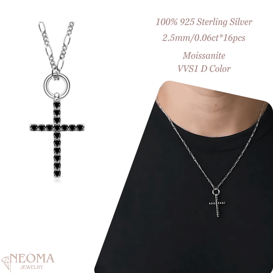 S925 Silver Black Moissanite Cross Pendants Necklace with Figaro Chain - SETUxNEOMA  