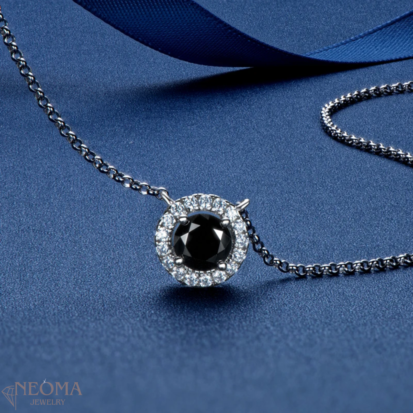 1 Carat Black Moissanite Solitaire Pendants Necklace - Halo Design - SETUxNEOMA  