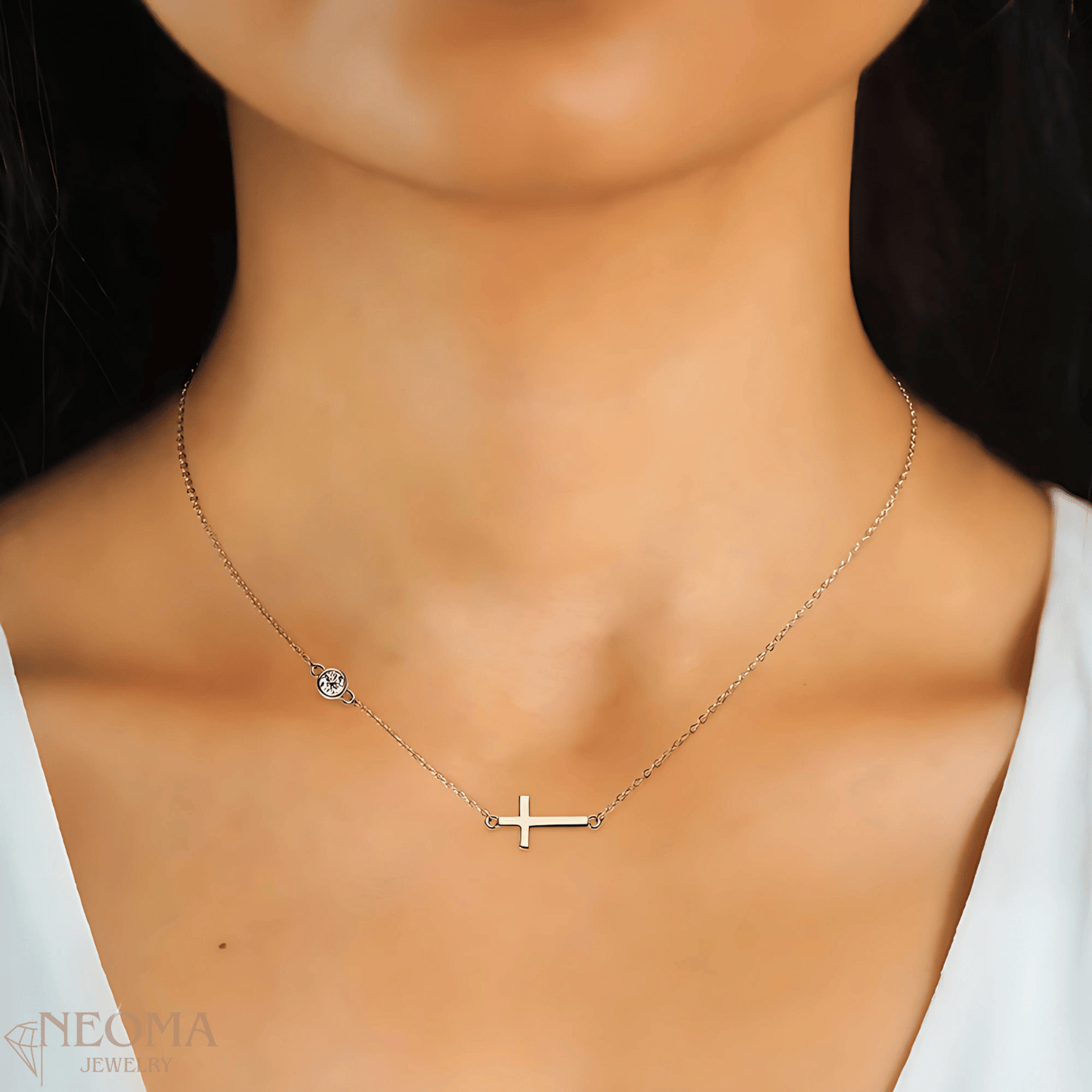  Delicate Sideway Moissanite Cross Pendant Necklace SETUxNEOMA