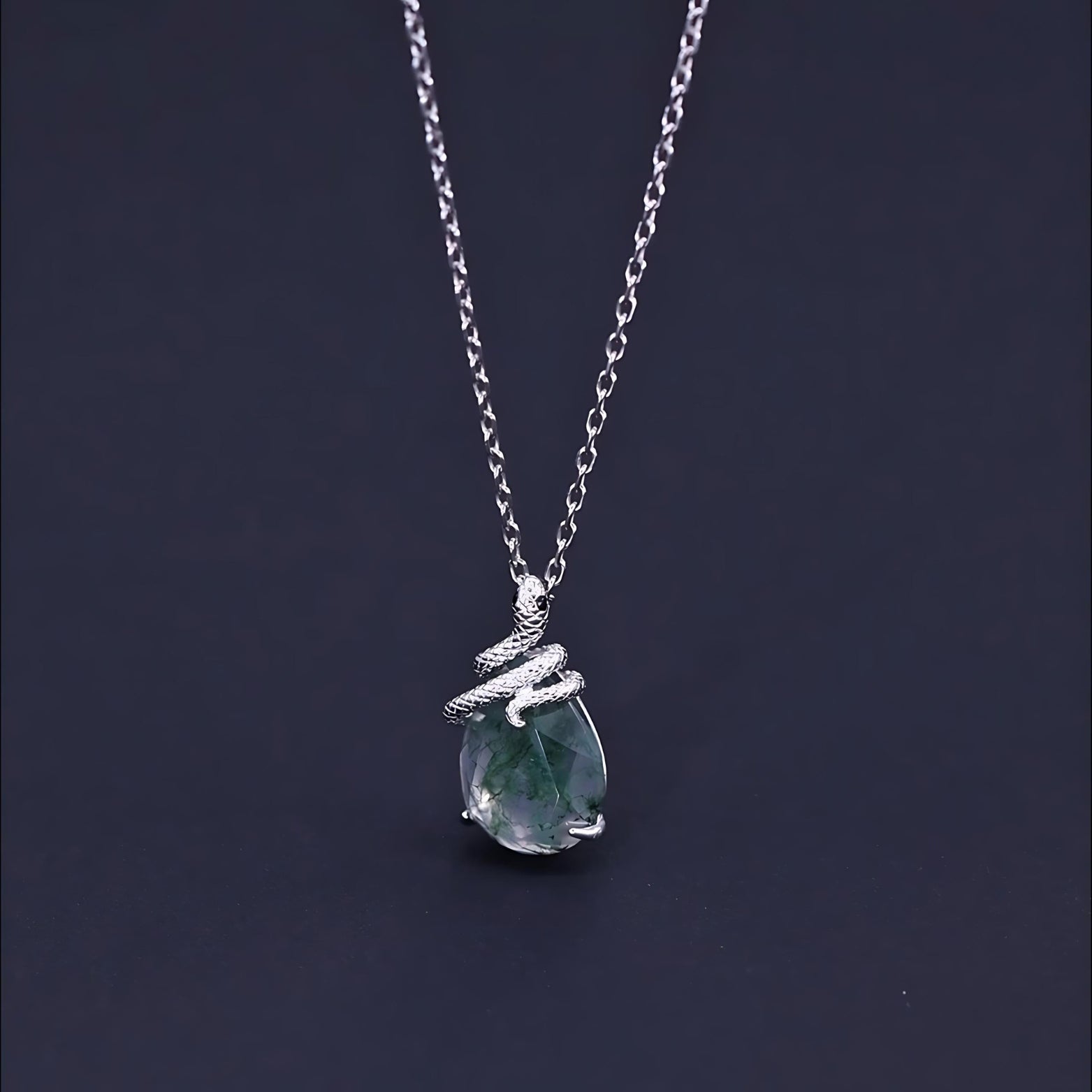  Green Moss Agate Snakes Pendant Necklace in 925 Sterling Silver SETUxNEOMA