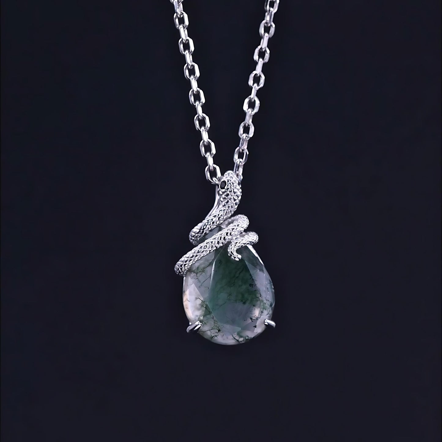 Green Moss Agate Snakes Pendant Necklace in 925 Sterling Silver - SETUxNEOMA  