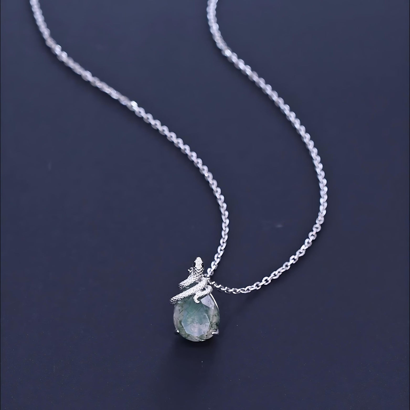  Green Moss Agate Snakes Pendant Necklace in 925 Sterling Silver SETUxNEOMA