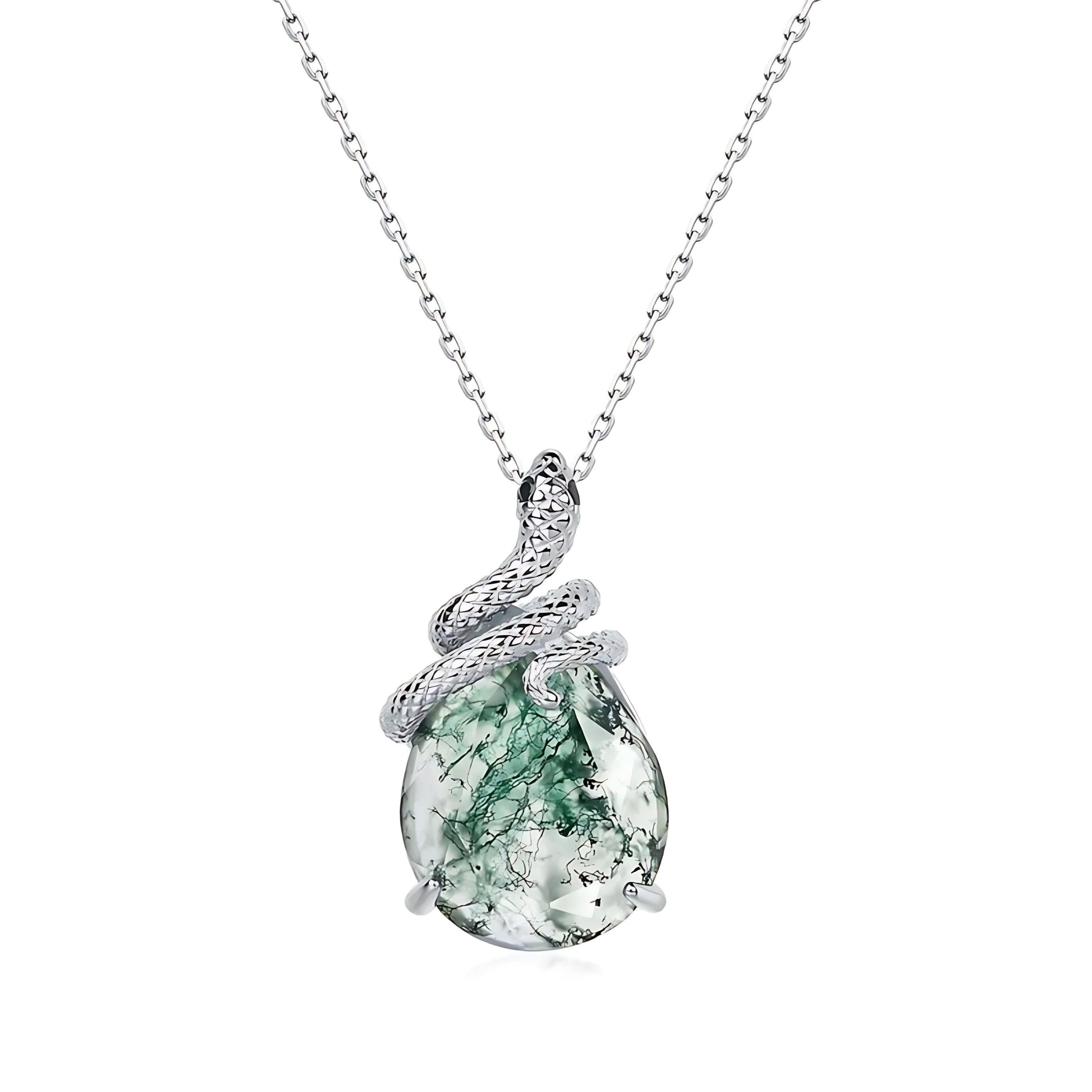  Green Moss Agate Snakes Pendant Necklace in 925 Sterling Silver SETUxNEOMA