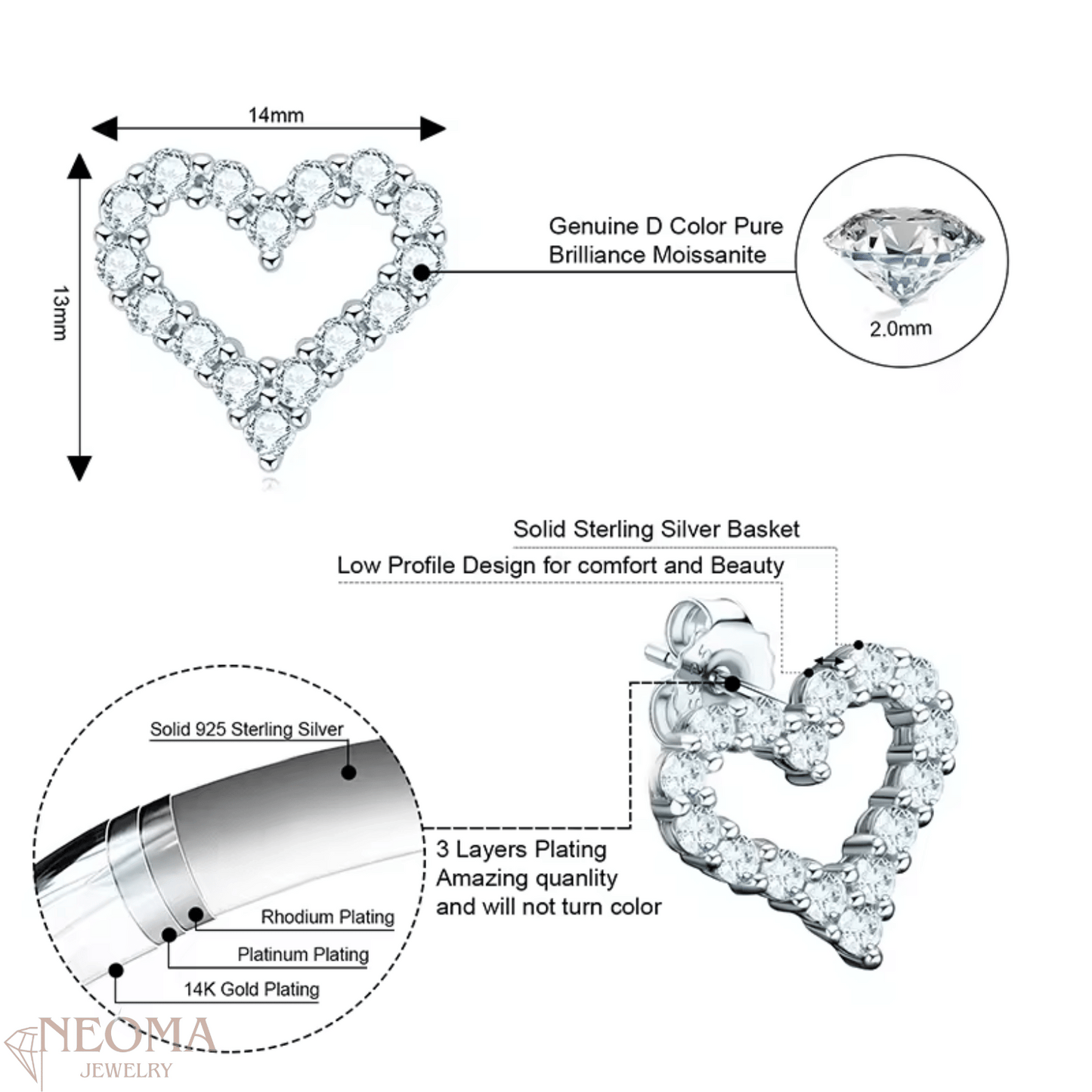  Multi Stones Moissanite Heart Stud Earrings - Pave setting SETUxNEOMA