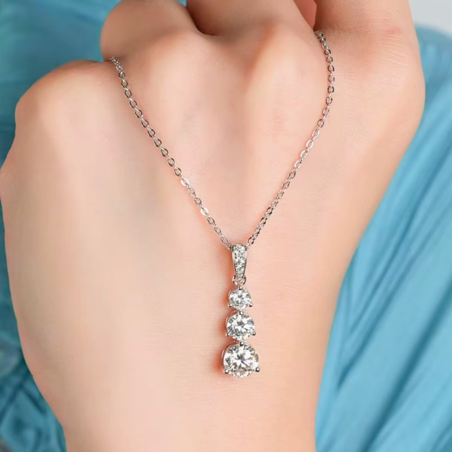  Moissanite Diamond Pendant Necklace, Three Stone Vertical Pendant SETUxNEOMA