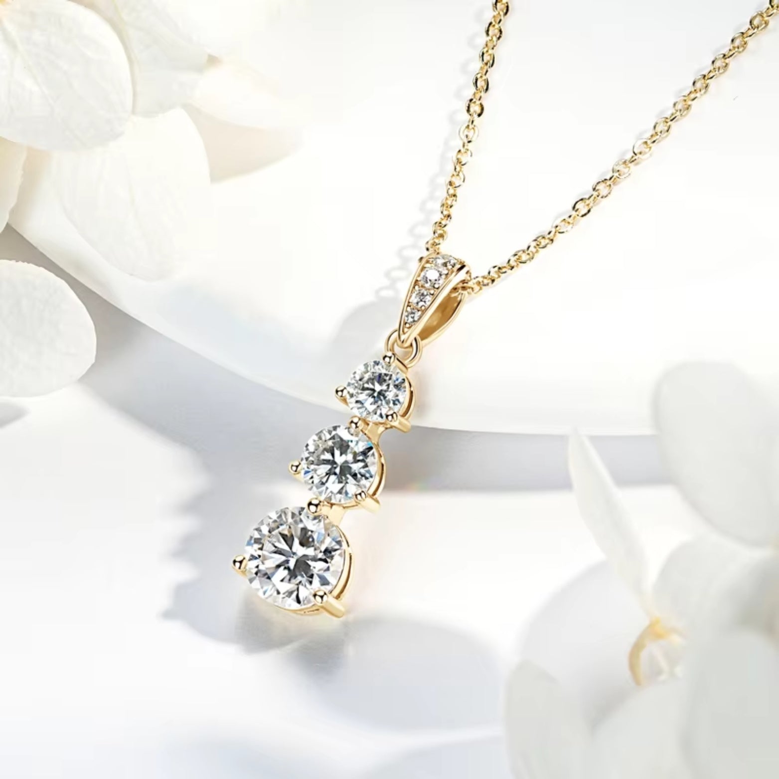  Moissanite Diamond Pendant Necklace, Three Stone Vertical Pendant SETUxNEOMA