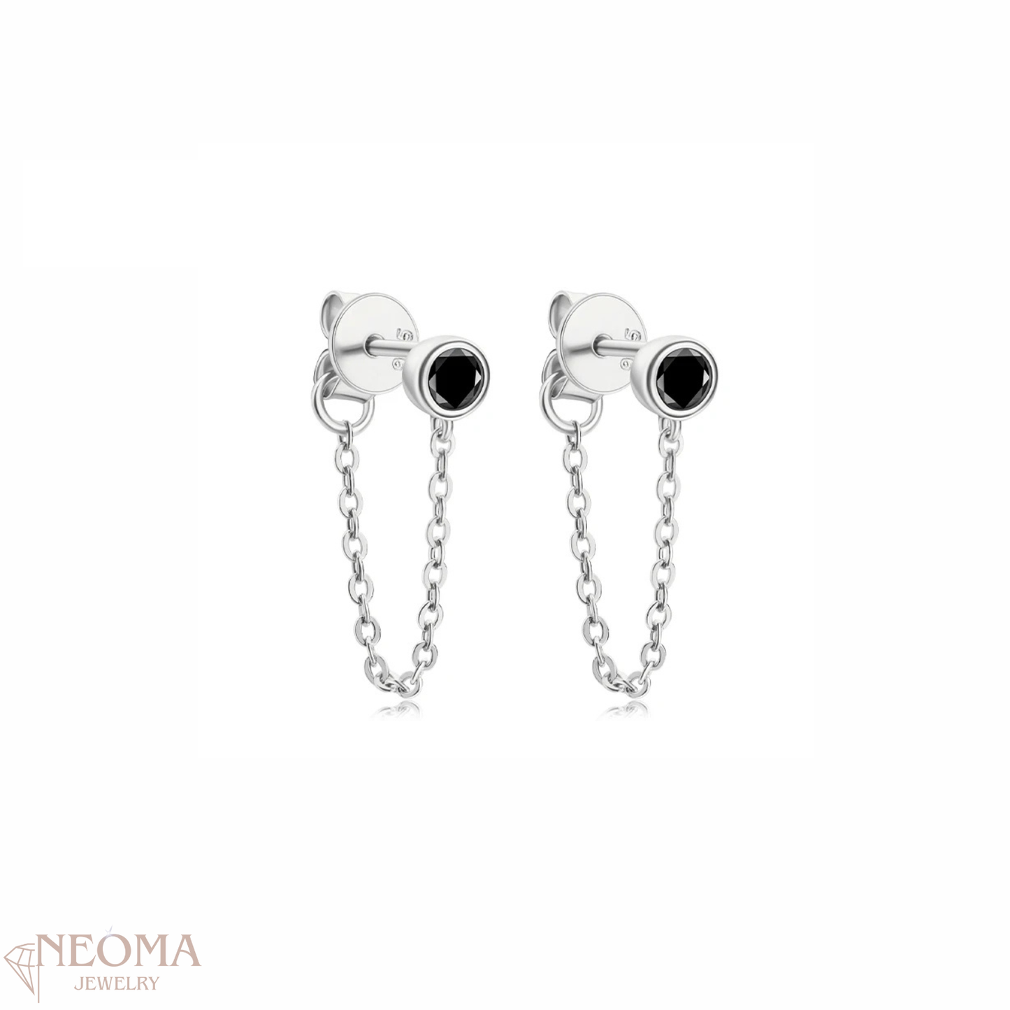 Moissanite Tiny Chain Stud Earrings in 925 Sterling Silver, White and Black Stones - SETUxNEOMA  