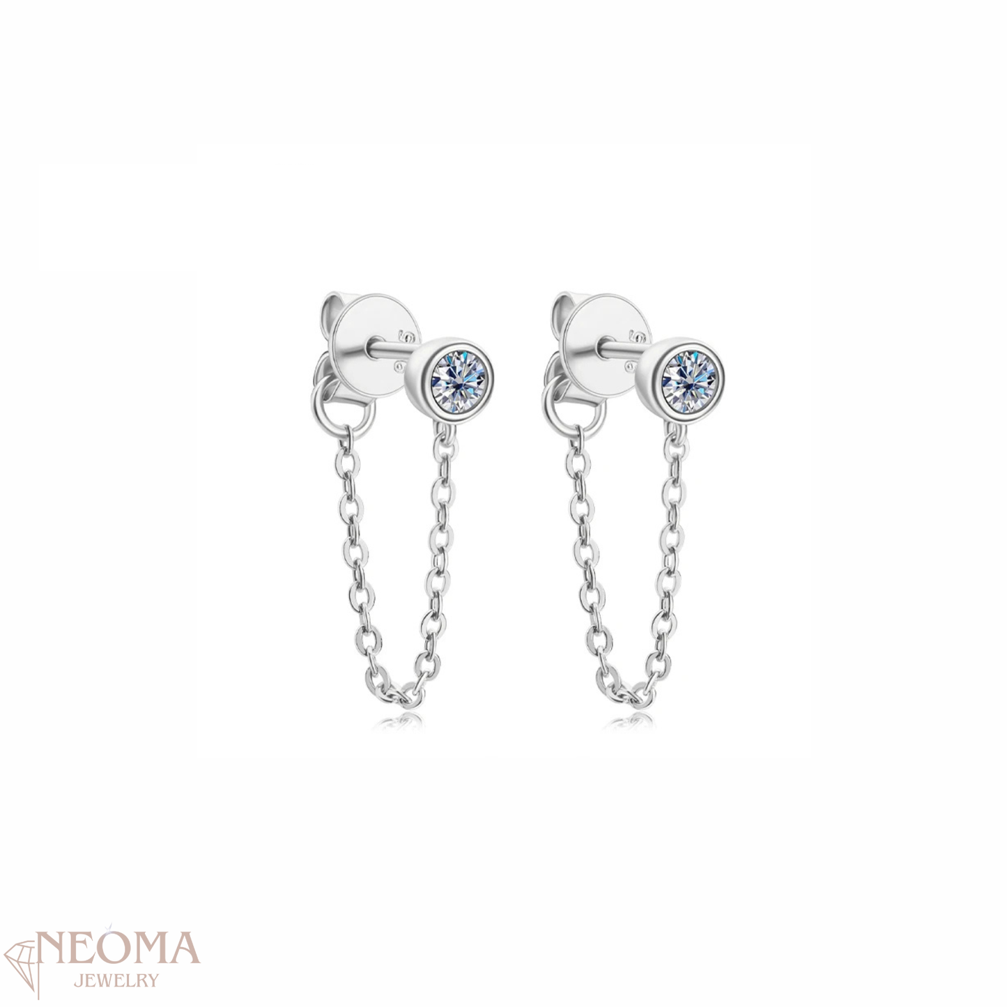  Moissanite Tiny Chain Stud Earrings in 925 Sterling Silver, White and Black Stones SETUxNEOMA