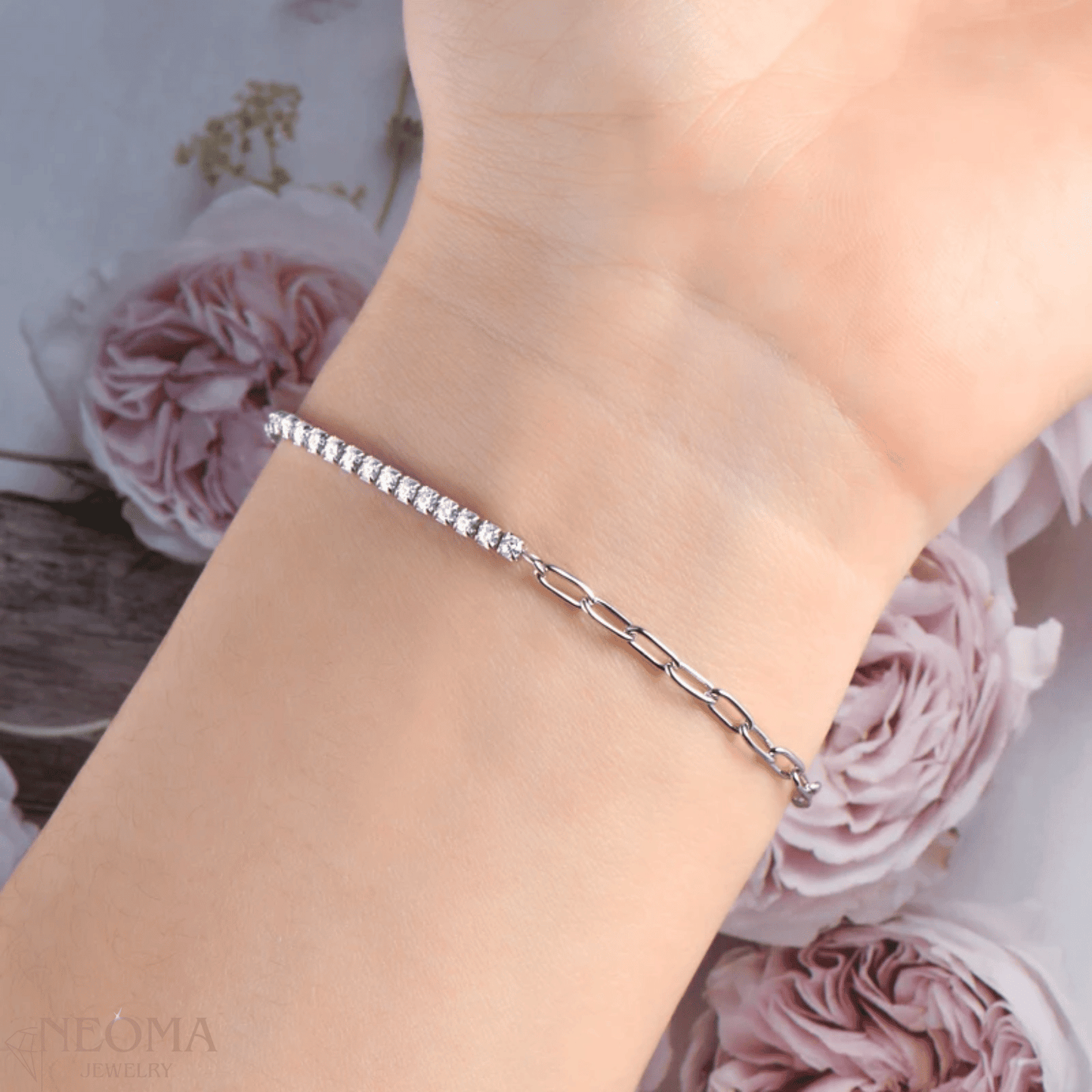 Moissanite Half Tennis Half Paperclip Bracelet - SETUxNEOMA  