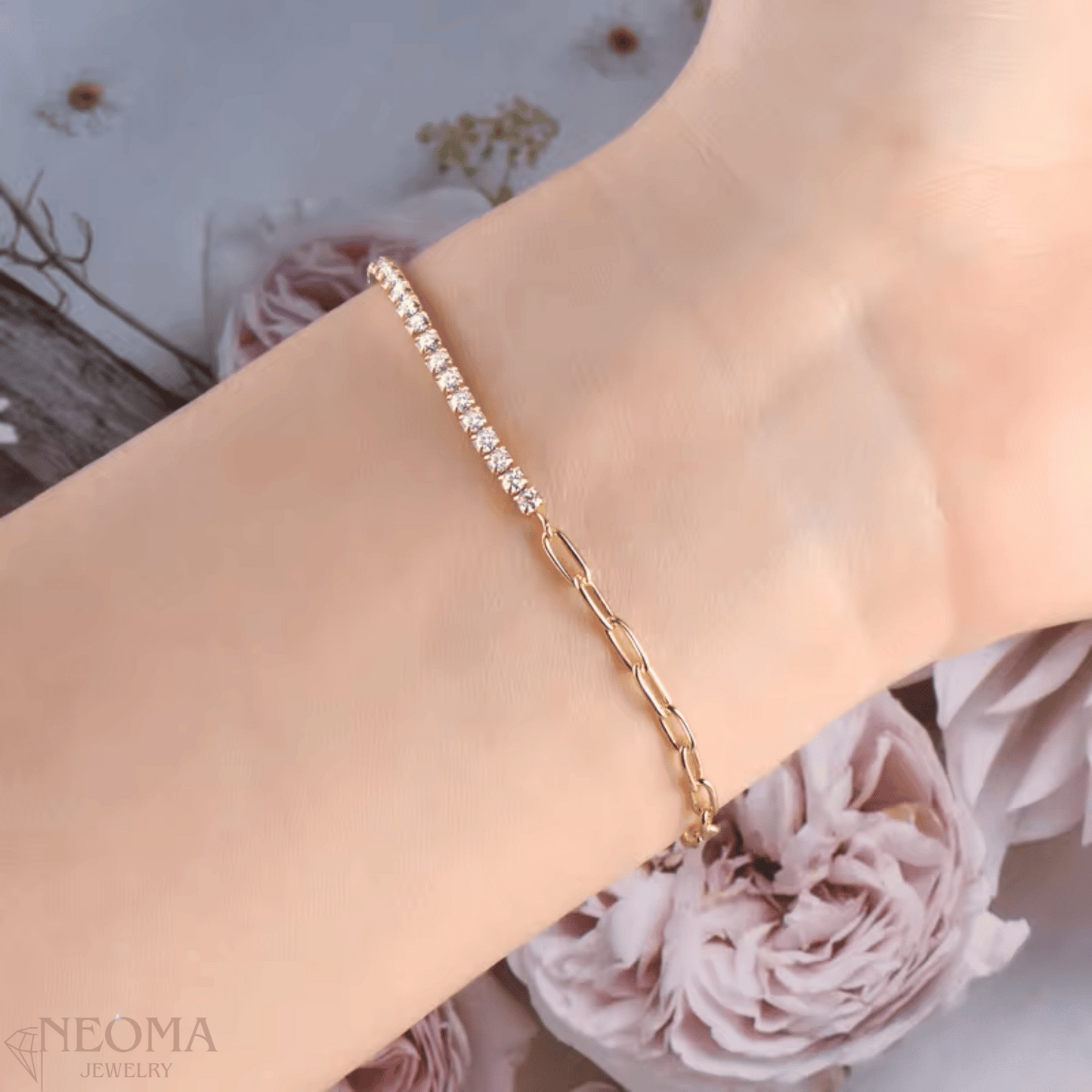 Moissanite Half Tennis Half Paperclip Bracelet - SETUxNEOMA  