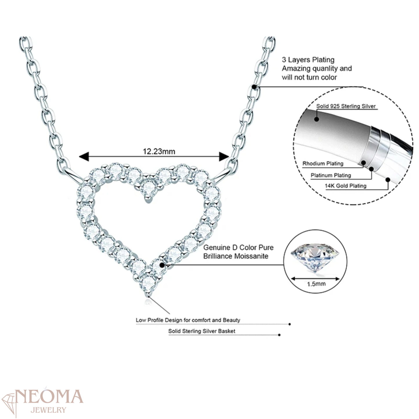 Real Moissanite Heart Pendants Necklace - S925 Silver Cluster Choker - SETUxNEOMA  