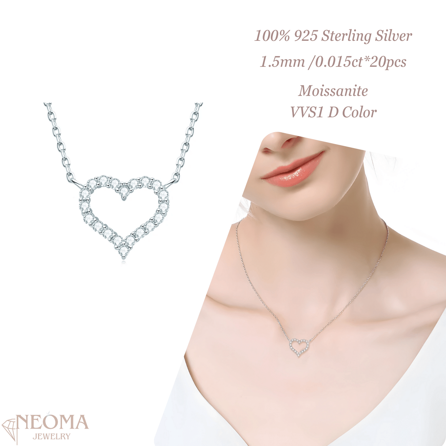 Real Moissanite Heart Pendants Necklace - S925 Silver Cluster Choker - SETUxNEOMA  