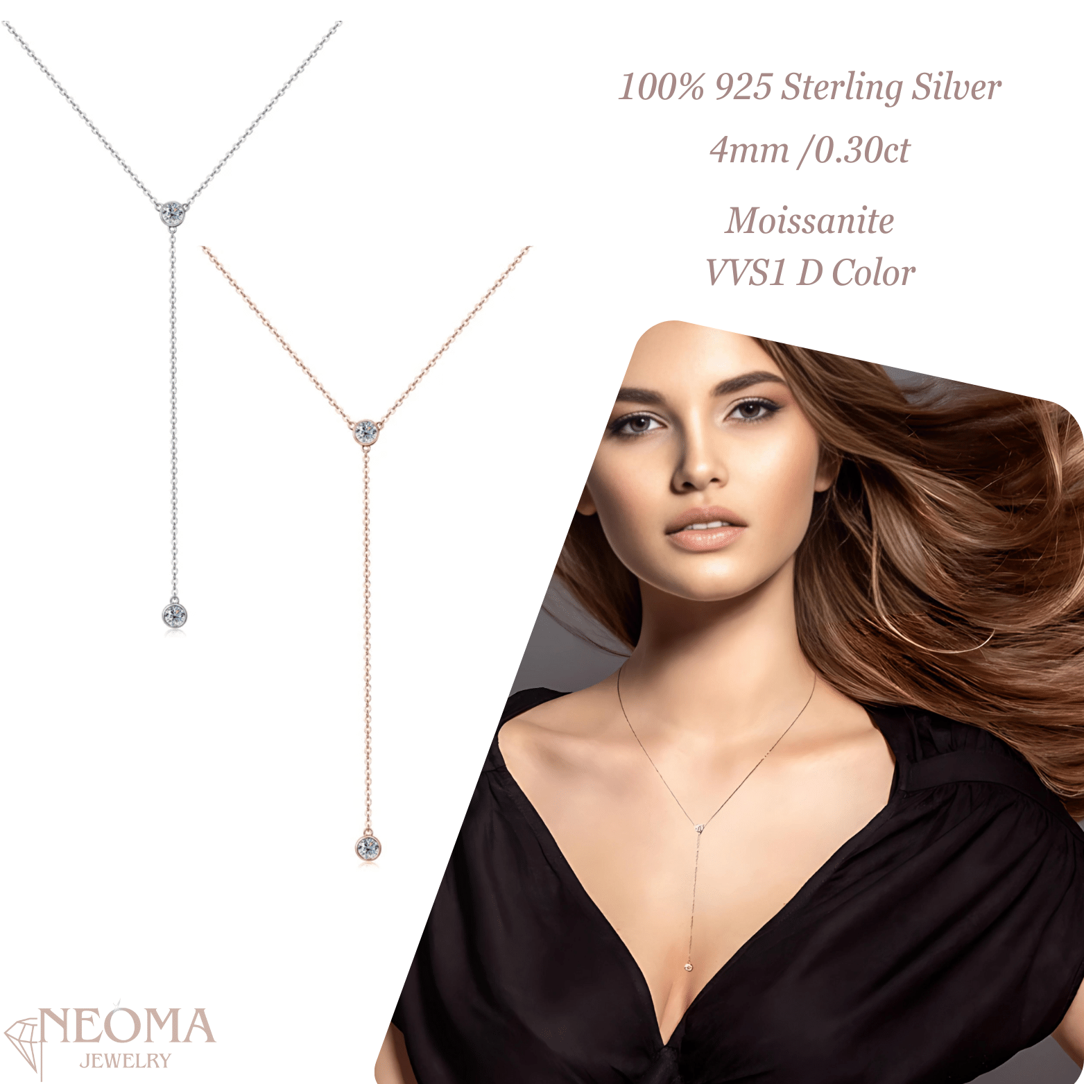  Moissanite Y-shape Lariat Necklace, Bezel Setting,Tassel Pendant SETUxNEOMA