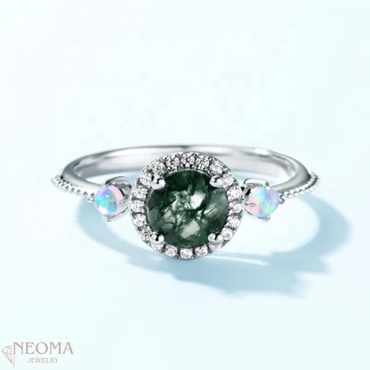 Green Moss Agate Engagement Ring with Shiny Zircon and Synthetic Opal - SETUxNEOMA  