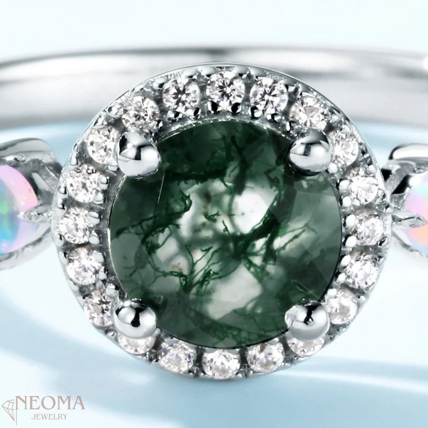 Green Moss Agate Engagement Ring with Shiny Zircon and Synthetic Opal - SETUxNEOMA  