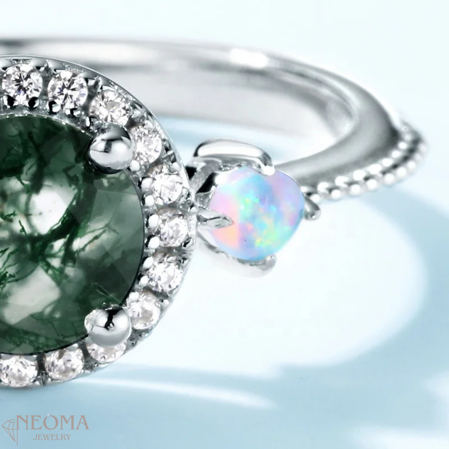 Green Moss Agate Engagement Ring with Shiny Zircon and Synthetic Opal - SETUxNEOMA  