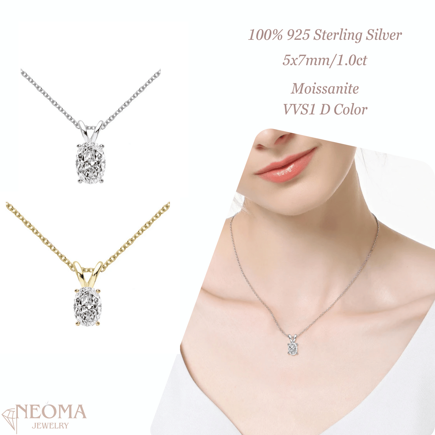 1 carat Oval Cut Moissanite Solitaire Pendant Necklace - SETUxNEOMA  