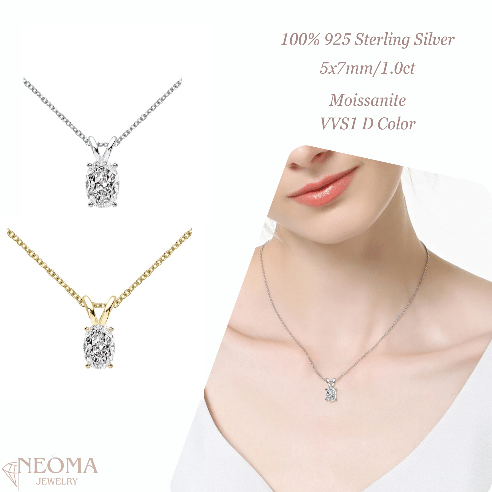 1 carat Oval Cut Moissanite Solitaire Pendant Necklace - SETUxNEOMA  