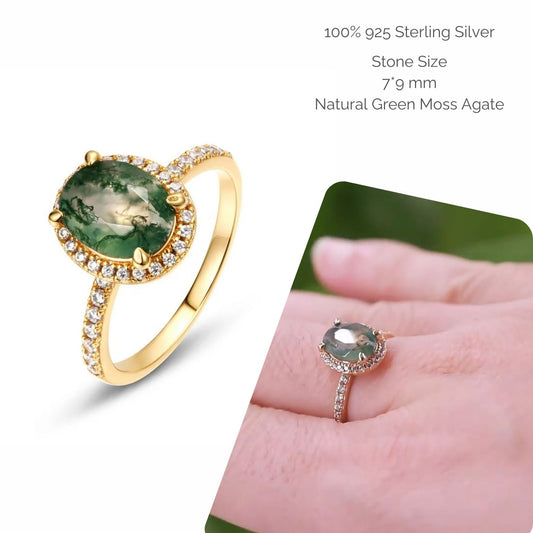 Oval Cut Natural Green Moss Agate Ring , Halo Engagement Rings - SETUxNEOMA  