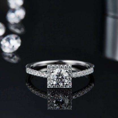 Square Halo Pave Moissanite Engagement Ring in S925 Sterling Silver