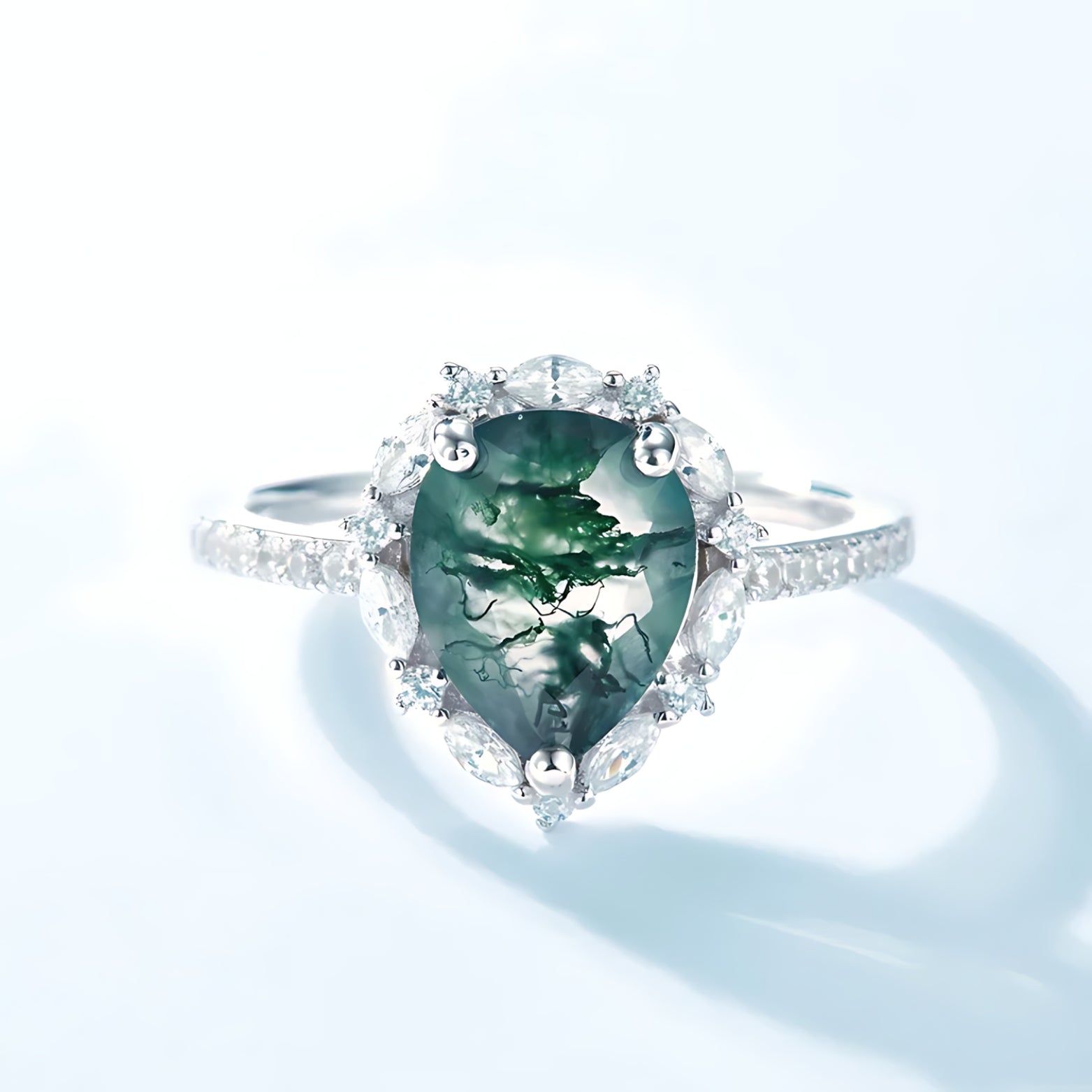 Pear Cut Natural Moss Agate Engagement Ring - Water Drop Ring - SETUxNEOMA  