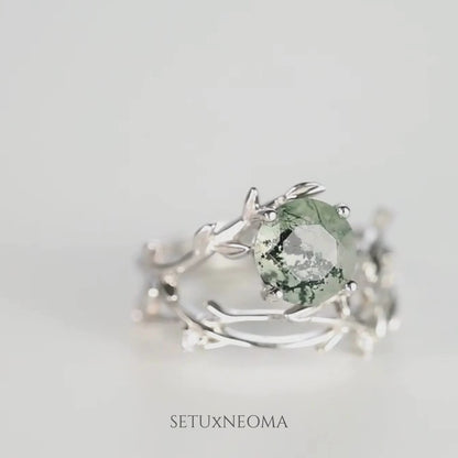 Twig Twist Moss Agate Ring Set - S925 Silver Engagement & Wedding Band…