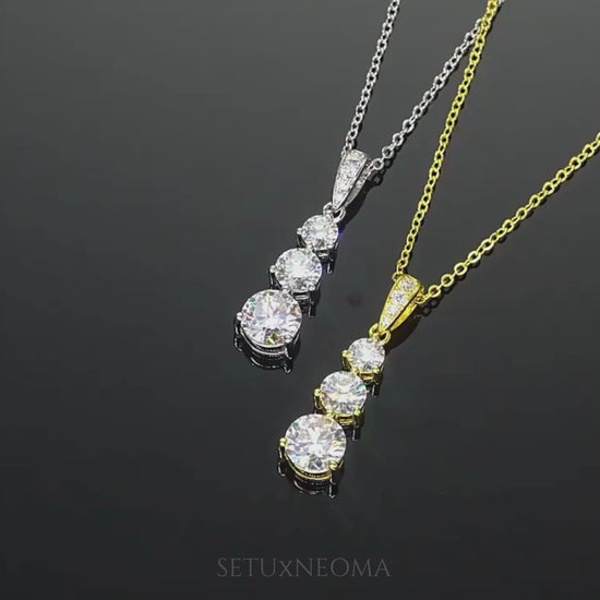 Moissanite Diamond Pendant Necklace, Three Stone Vertical Pendant -SETUxNEOMA