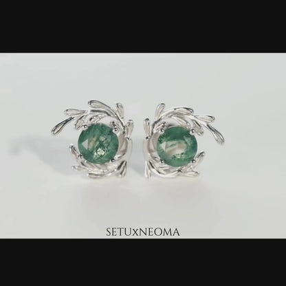 Moss Agate Leaf Stud Earrings - Olive Branch Design