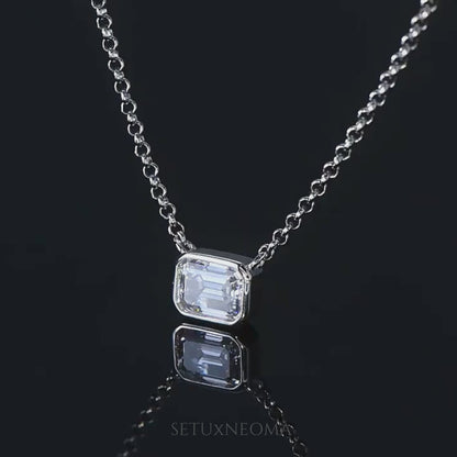 Horizontal Emerald Cut Moissanite Pendant | Solitaire Necklace in S925 Sterling Silver - SETUxNEOMA  