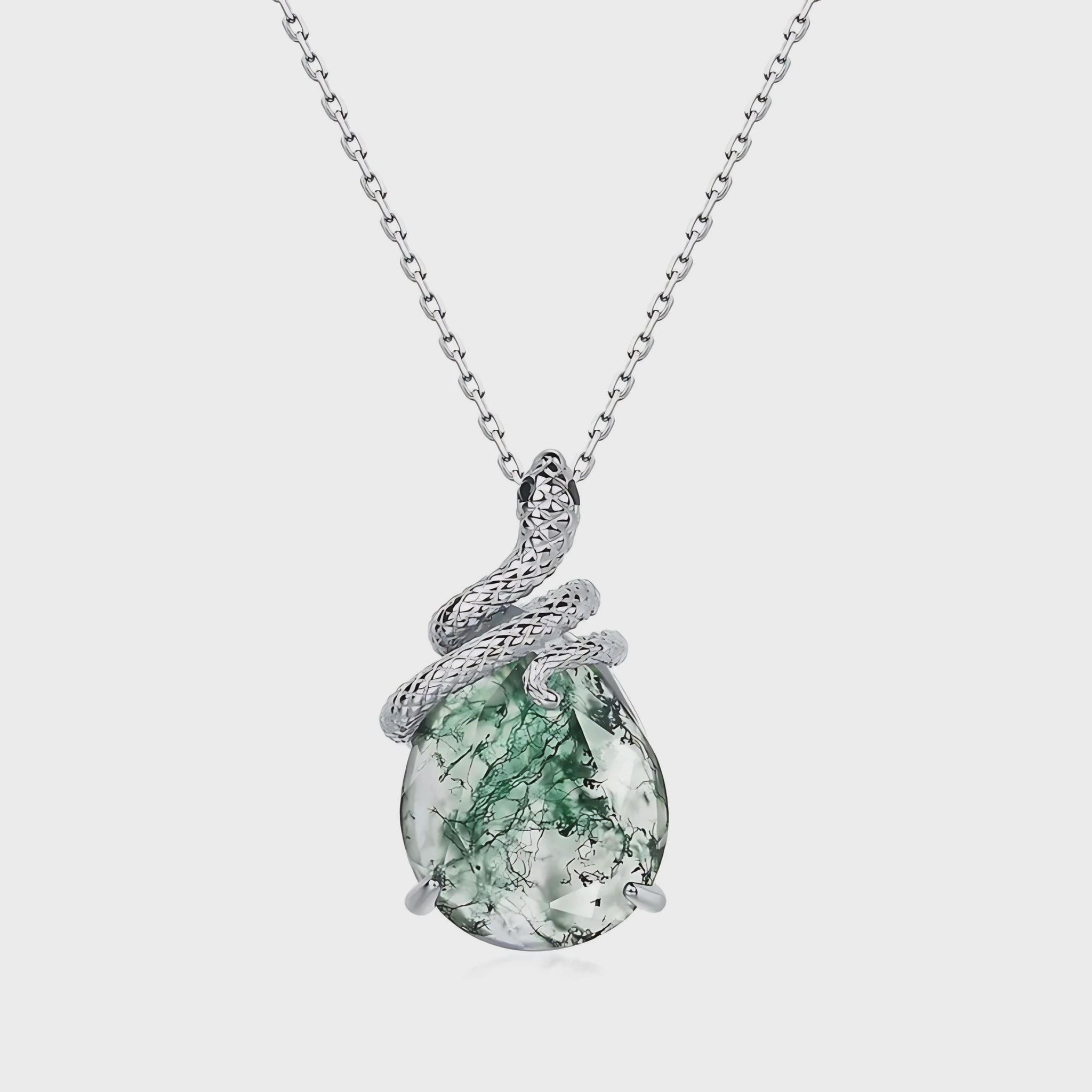 Green Moss Agate Snakes Pendant Necklace  |  S925 Silver Jewelry