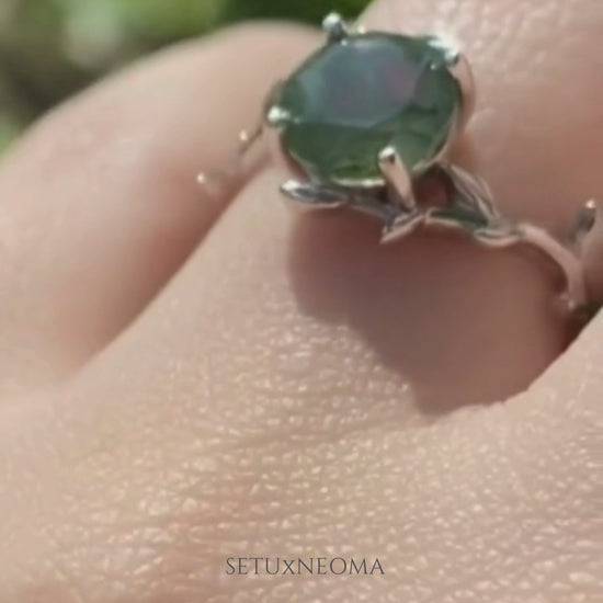 Natural Moss Agate Olive Branch Engagement Ring | Silver Leaf Ring