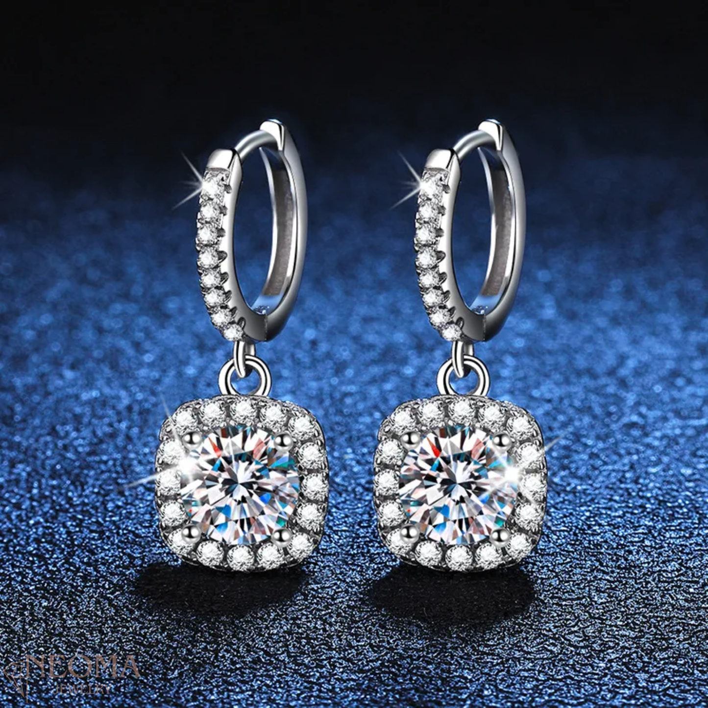  Square Halo Earrings - 1 ct, 2 ct, 3ct Round Cut Moissanite Drop Dangle Earrings SETUxNEOMA