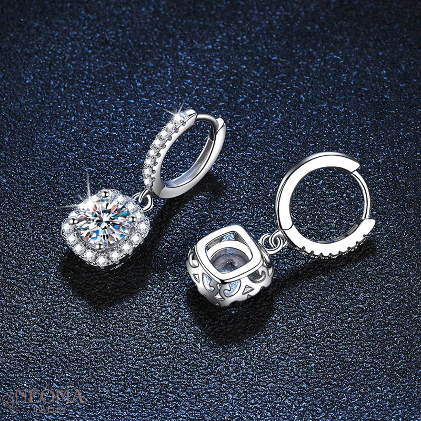  Square Halo Earrings - 1 ct, 2 ct, 3ct Round Cut Moissanite Drop Dangle Earrings SETUxNEOMA