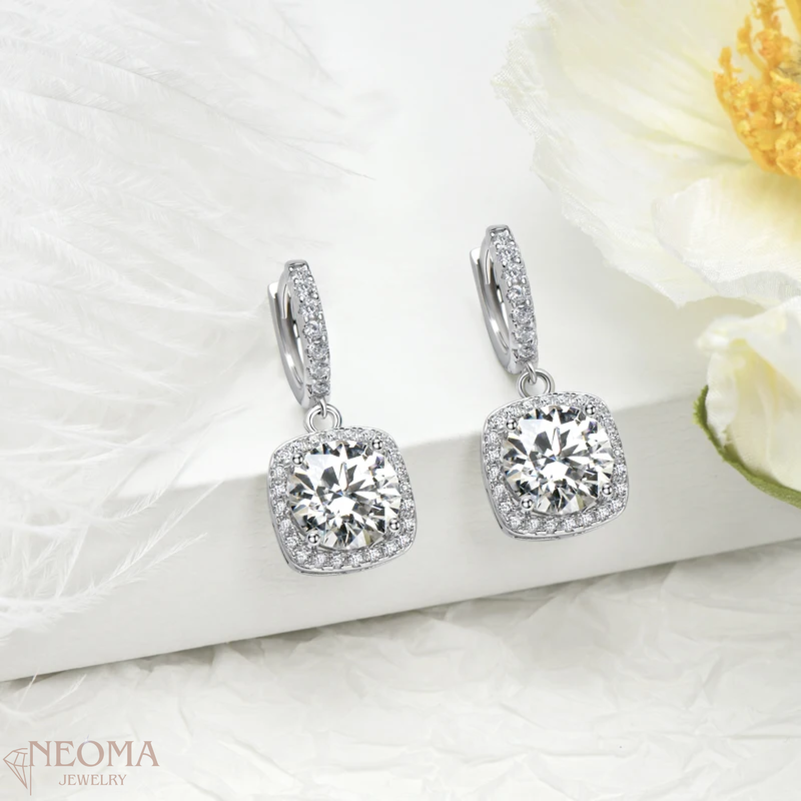 Square Halo Earrings - 1 ct, 2 ct, 3ct Round Cut Moissanite Drop/Dangle Earrings - SETUxNEOMA  