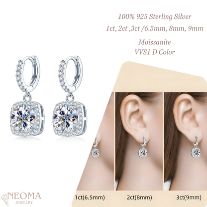 Square Halo Earrings - 1 ct, 2 ct, 3ct Round Cut Moissanite Drop/Dangle Earrings - SETUxNEOMA  