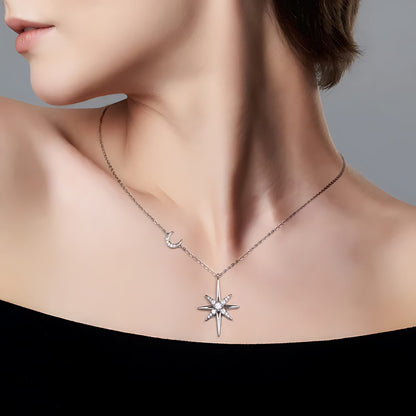 S925 Silver Star And Moon Moissanite Pendant Necklace - Celestial Jewelry - SETUxNEOMA 