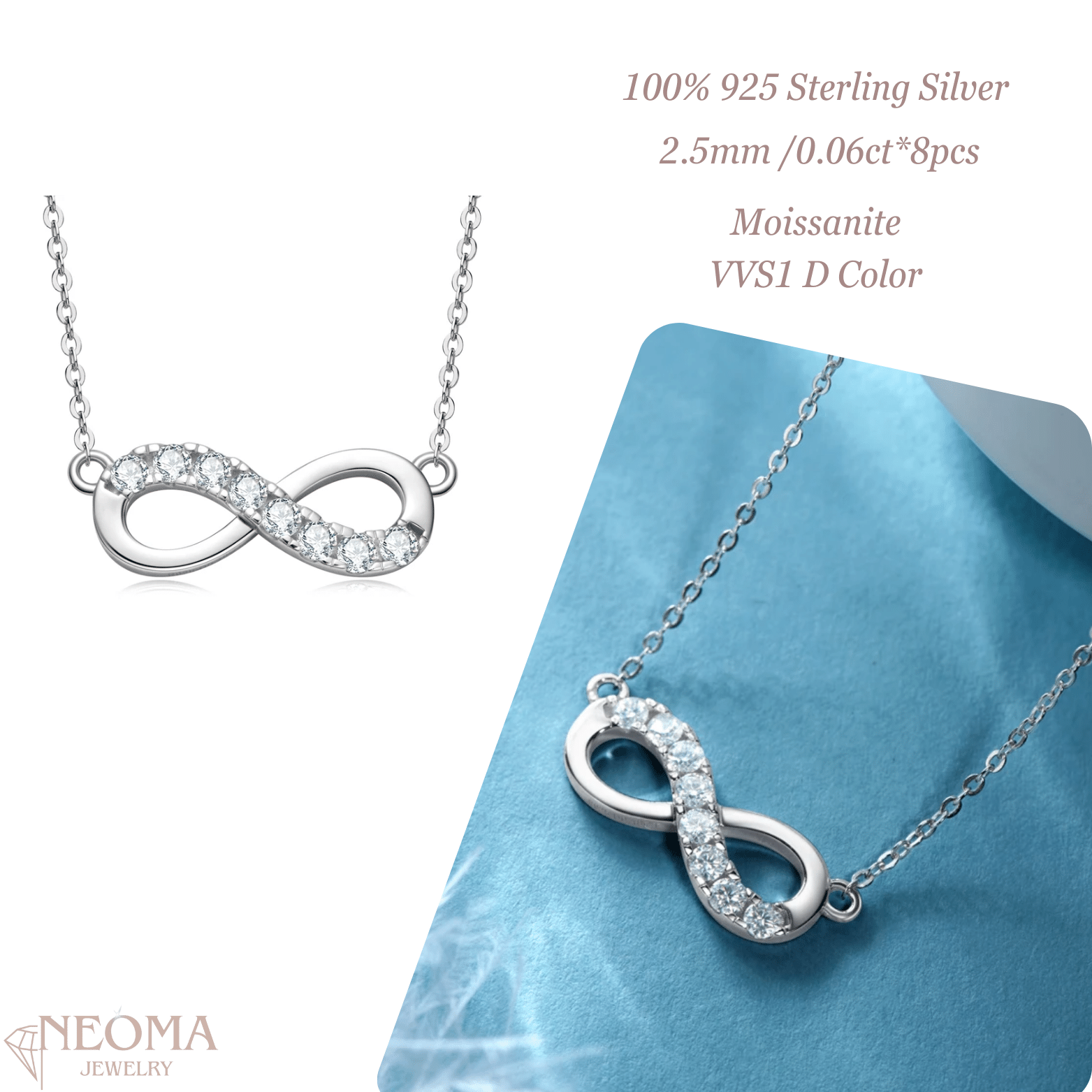  925 Sterling Silver Moissanite Infinity Pendant Necklace SETUxNEOMA