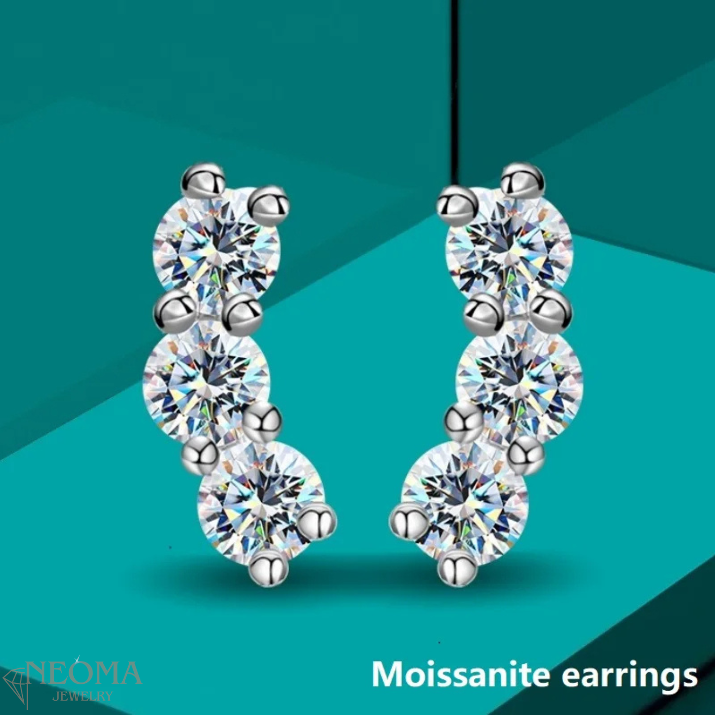  Elegant Stud Earrings With Three Round Cut Moissanite Stones SETUxNEOMA