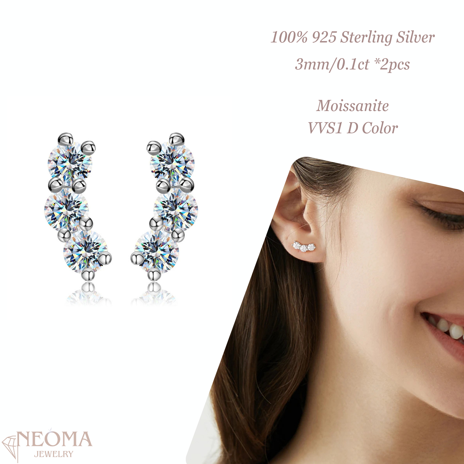 Elegant Stud Earrings With Three Round Cut Moissanite Stones - SETUxNEOMA  