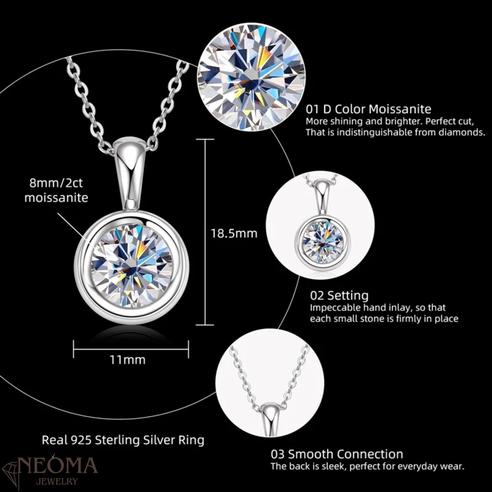 2 Ct Round Cut Moissanite Bezel Solitaire Pendant Necklace - SETUxNEOMA  